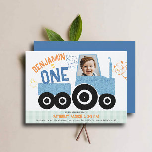 Boskap Denim Traktor Cute Photo 1st Birthday Inbjudningar