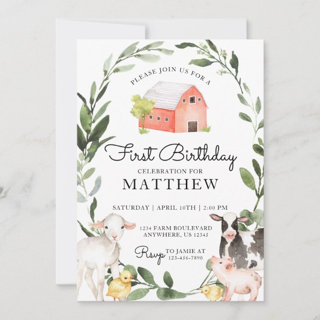 Boskap födelsedag inbjudan till en pojke (Framsida)