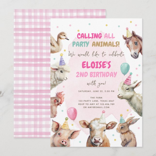 Boskap Girl Calling Party Animals Birthday I Inbjudningar (Fram/baksida)