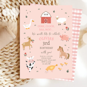 Boskap Girl Gingham Barnyard Birthday Inbjudningar
