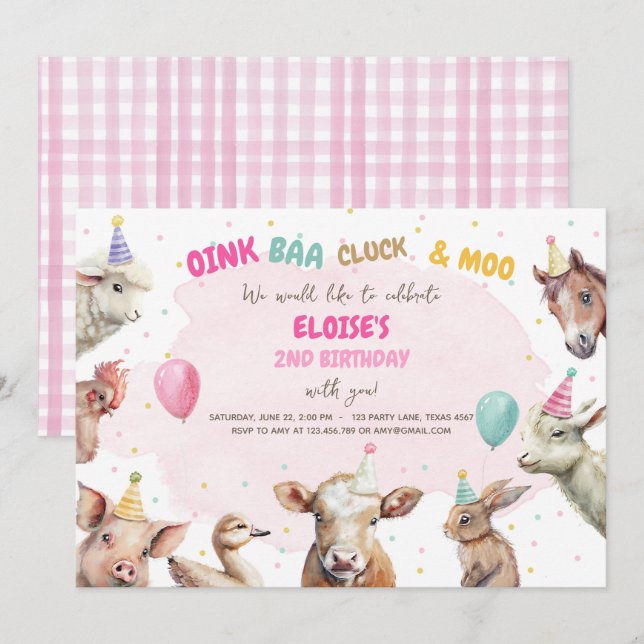 Boskap Girl Rosa Gingham Barnyard Birthday I Inbjudningar (Fram/baksida)