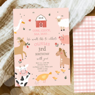 Boskap Girl Rosa Gingham Barnyard Birthday I Inbjudningar