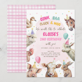 Boskap Girl Rosa Gingham Barnyard Birthday I Inbjudningar