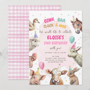 Boskap Girl Rosa Gingham Barnyard Birthday I Inbjudningar