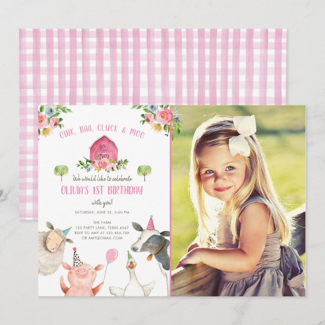 Boskap Girl Rosa Gingham Barnyard Birthday Inbjudningar (Fram/baksida)