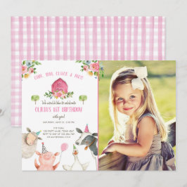 Boskap Girl Rosa Gingham Barnyard Birthday Inbjudningar