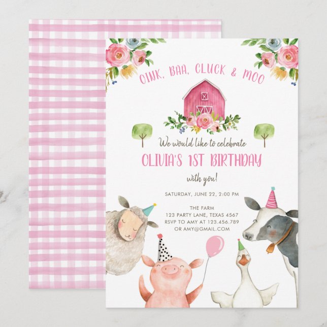 Boskap Girl Rosa Gingham Barnyard Birthday Inbjudningar (Fram/baksida)
