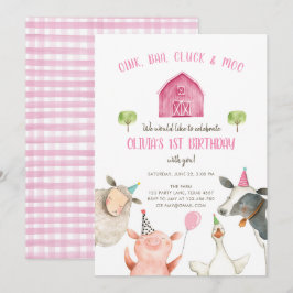 Boskap Girl Rosa Gingham Barnyard Birthday Inbjudningar