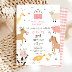 Boskap Girl Rosa Gingham Barnyard Birthday Inbjudningar