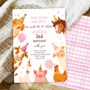 Boskap Girl Rosa Gingham Barnyard Birthday Inbjudningar
