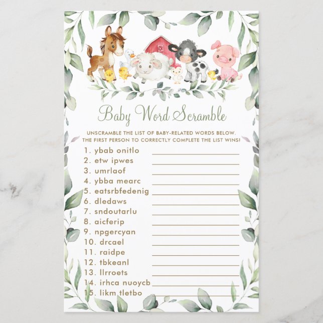 Boskap Greenery Baby Shower Ord Scramble (Framsida)