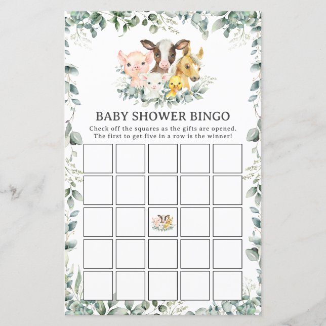 Boskap Greenery Roligt Baby Shower Bingo Game (Framsida)