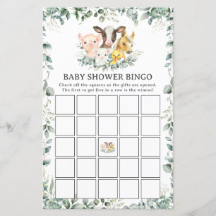 Boskap Greenery Roligt Baby Shower Bingo Game