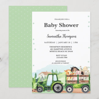 Boskap Grönt Tractor Boys Baby Shower Inbjudningar