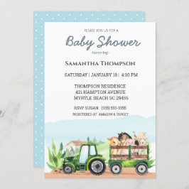 Boskap Grönt Tractor Boys Baby Shower Inbjudningar