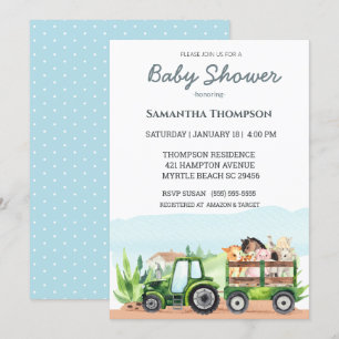 Boskap Grönt Tractor Boys Baby Shower Inbjudningar