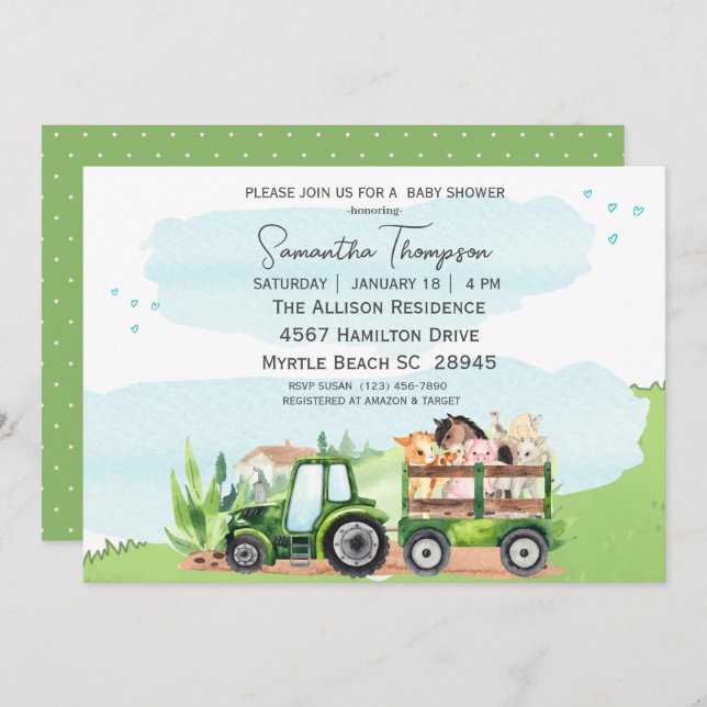 Boskap Grönt Tractor Boys Baby Shower Inbjudningar (Fram/baksida)