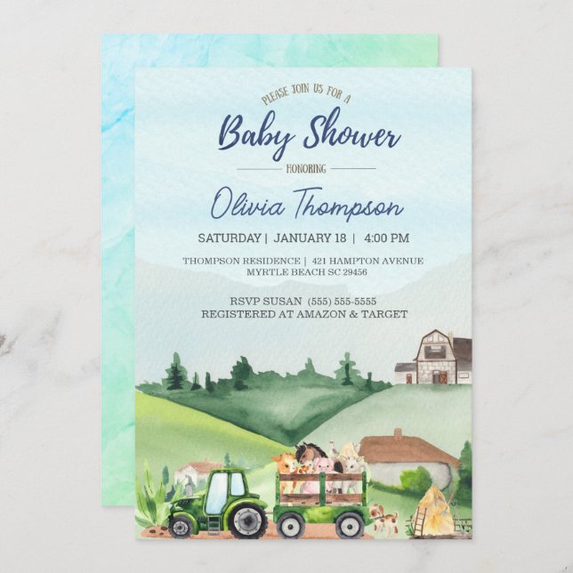 Boskap Grönt Tractor Boys Baby Shower Inbjudningar (Fram/baksida)