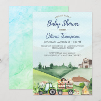 Boskap Grönt Tractor Boys Baby Shower Inbjudningar