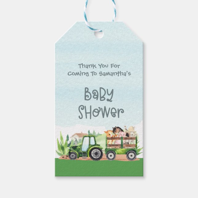 Boskap Grönt Tractor Boys Baby Shower Presentetikett (Framsidan)