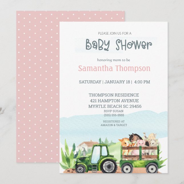 Boskap Grönt Tractor Girls Baby Shower Inbjudningar (Fram/baksida)