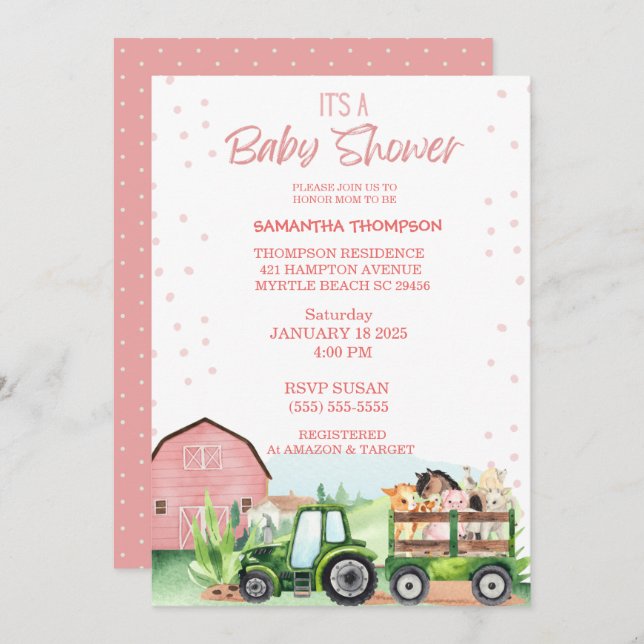 Boskap Grönt Tractor Rosa Baby Shower Inbjudningar (Fram/baksida)