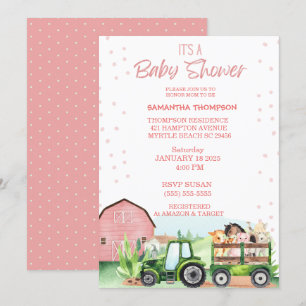 Boskap Grönt Tractor Rosa Baby Shower Inbjudningar