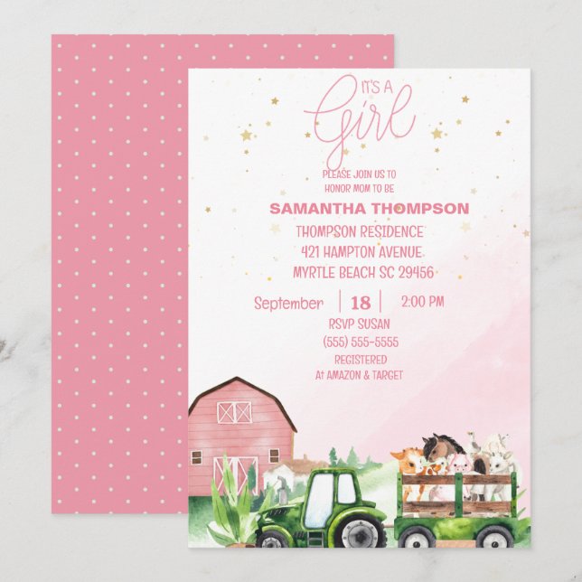 Boskap Grönt Tractor Rosa Baby Shower Inbjudningar (Fram/baksida)
