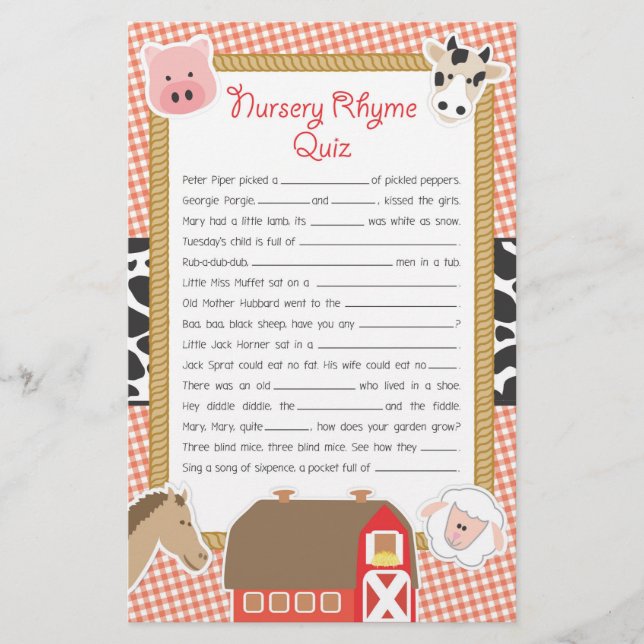 Boskap Nursery Rhyme Baby Shower Game (Framsida)