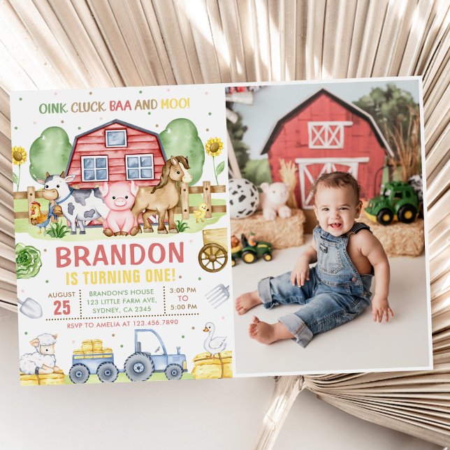 Boskap Oink Baa Moo 1:a födelsedagsfoto Inbjudningar (Skapare uppladdad)