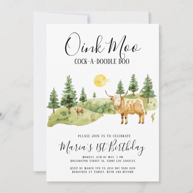 Boskap Oink Moo Land Birthday Inbjudningar (Framsida)