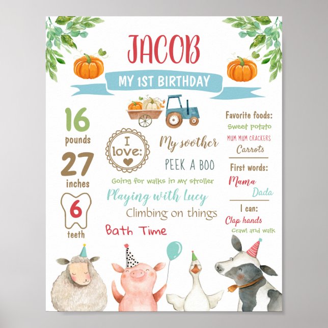 Boskap Pumpkin First Birthday Boy Milestones Poster (Framsidan)