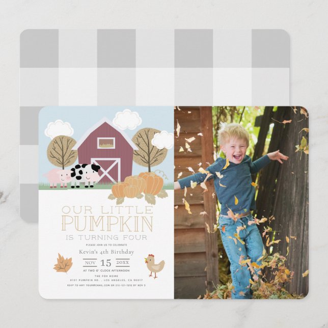 Boskap Pumpkin Patch Birthday Photo Inbjudningar (Fram/baksida)