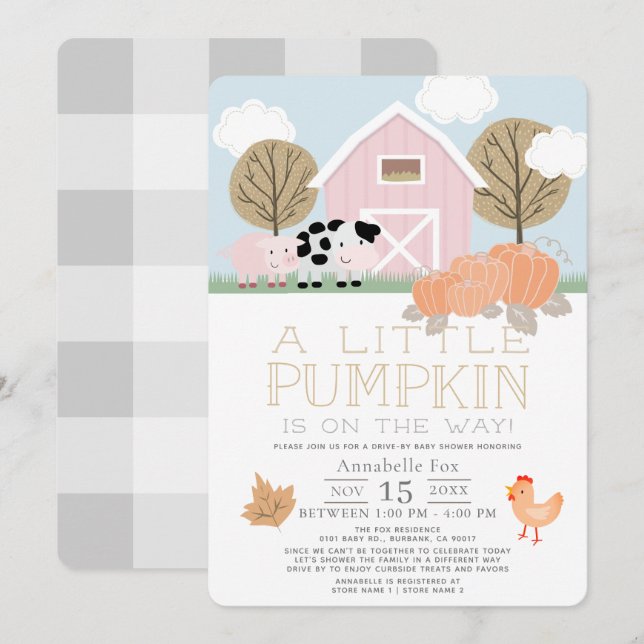Boskap Pumpkin Rosa Drive by Baby Shower Inbjudningar (Fram/baksida)