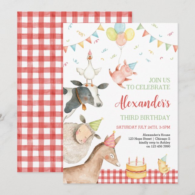 Boskap Red Barnyard Girl Boy 3th Birthday Inbjudningar (Fram/baksida)