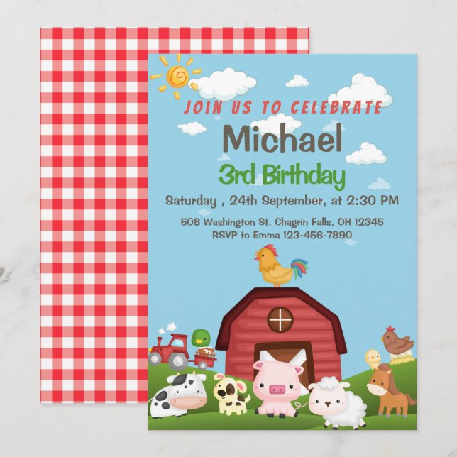 Boskap Red Gingham Barnyard Birthday bjudande Inbjudningar (Fram/baksida)
