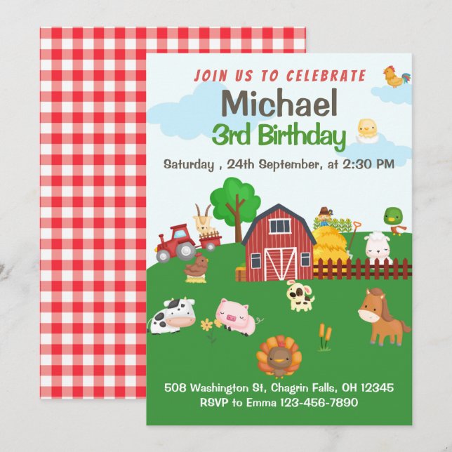 Boskap Red Gingham Barnyard Birthday bjudande Inbjudningar (Fram/baksida)