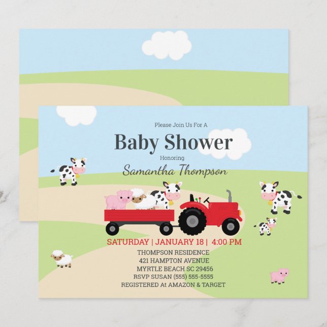 Boskap Red Tractor Boys Baby Shower Inbjudningar (Fram/baksida)