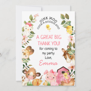boskap Rosa Barn Birthday Tack you Card Inbjudningar