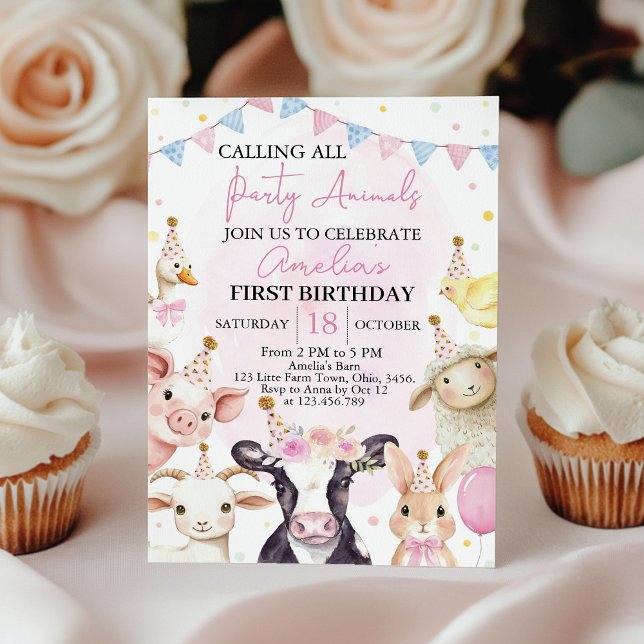 Boskap Rosa Barnyard Girl First Birthday Inbjudningar (Skapare uppladdad)