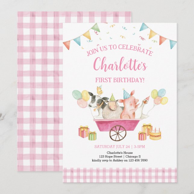 Boskap Rosa Gingham Girl First Birthday Inbjudningar (Fram/baksida)