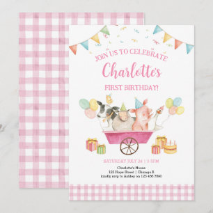 Boskap Rosa Gingham Girl First Birthday Inbjudningar