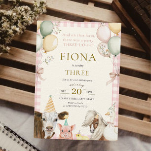Boskap Rosa Gingham Girl's 3rd Birthday Inbjudningar