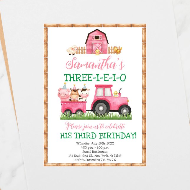 Boskap Rosa Girl Girl Barnyard Födelsedagsfest Inbjudningar (Skapare uppladdad)