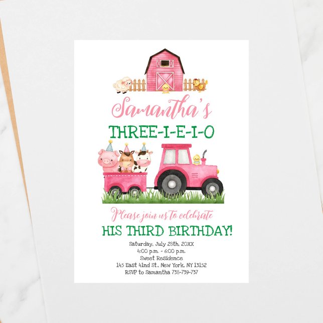Boskap Rosa Girl Girl Barnyard Födelsedagsfest Inbjudningar (Skapare uppladdad)