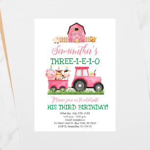 Boskap Rosa Girl Girl Barnyard Födelsedagsfest Inbjudningar