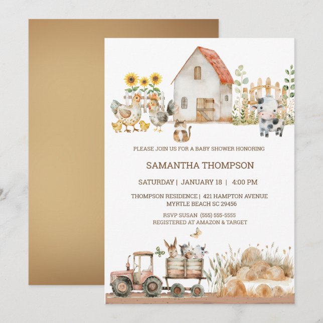 Boskap Tractor Boys Baby Shower Inbjudningar (Fram/baksida)