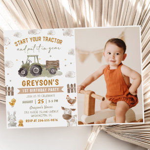 Boskap Tractor Kids 1:a födelsedagsfoto Inbjudningar