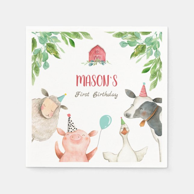 Boskap Zoo Boy Birthday Barnyard Greenery Pappersservett (Framsidan)