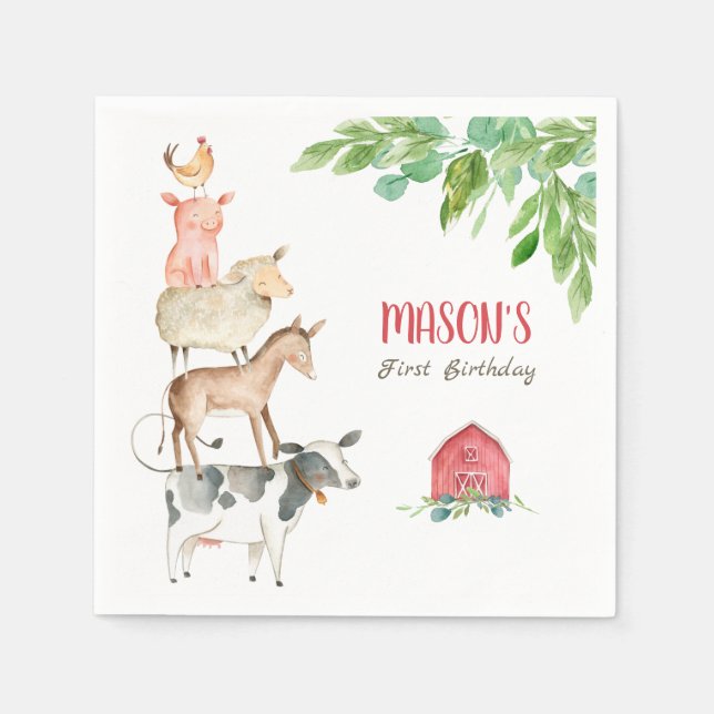 Boskap Zoo Boy Birthday Barnyard Pappersservett (Framsidan)